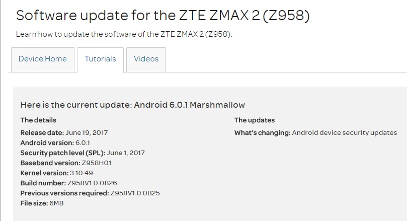 ZTE ZMAX 2 (Z958) Software Update